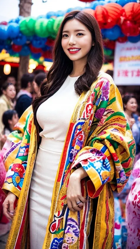 「A beautiful woman with large breasts、Smiling and wearing a traditional festival happi coat。She has long flowing hair、Standing against a backdrop of colorful festival decorations and lanterns。The scene is lively and vibrant.、Capturing the essence of tradit...