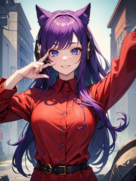 ((best quality)), ((masterpiece)), (Ultra detailed), ((4k)) , ((Eyes Details)) 

Solo , Purple Hair , Blue eyes , Cute Face , Middle Ages, Cat Ears , Cute Smile , 

Red Long Shirt , Plain Shirt , Headphone Neck , Peace Pose.