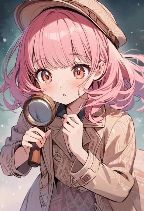 Young girl(Pink Hair, freckles, Big eyes,)She puts on her detective hat、wearing a coat over a patterned dress, Cultivate intelligence and curiosity. In her hands, She has a magnifying glass, Ready to solve the mystery?. This scene is depicted softly., Gent...