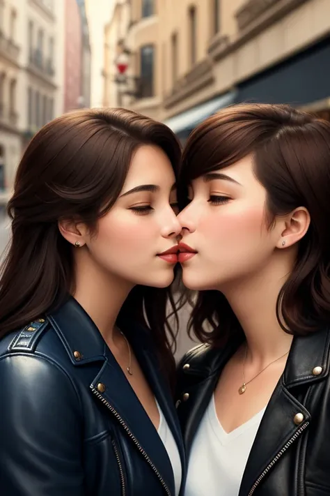 (masterpiece, top quality), lesbian love Incredibly beautiful young couple kisses passionately face to face on the street.. This illustration boasts a shining, loose hair,, accented with a leather pilot&#39;s hat, decorated with intricate decor.. Her outfi...