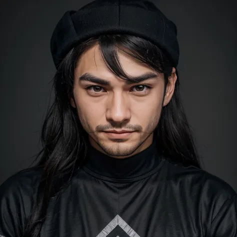 A twitch gesture of a happy anime man with long black hair, brown eyes, with a short beard and black outlined eyebrows. He wears a black cap with a capital twich logo in the center and an earring in his right ear in the shape of a small silver triangle, an...