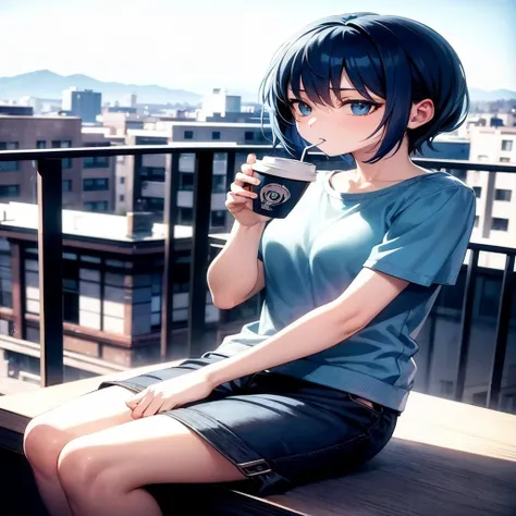 Lofi style, blue tone, blue hair, anime style,Wear comfortable clothes., drink coffee, leaning against the balcony , View from outside the house, The background is roomy., UHD, Masterpiece, Anatomically correct, textured skin, best quality, 4K