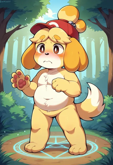 masterpiece, best quality, expressive eyes, perfect face, a man get transformed into isabelle (animal crossing), furry , solo, surpriced, blushed, red baseball cap, naked, nsfw, ecchi, brown eyes, full body, in a magic forest, glitter, embarrassed pose, ch...