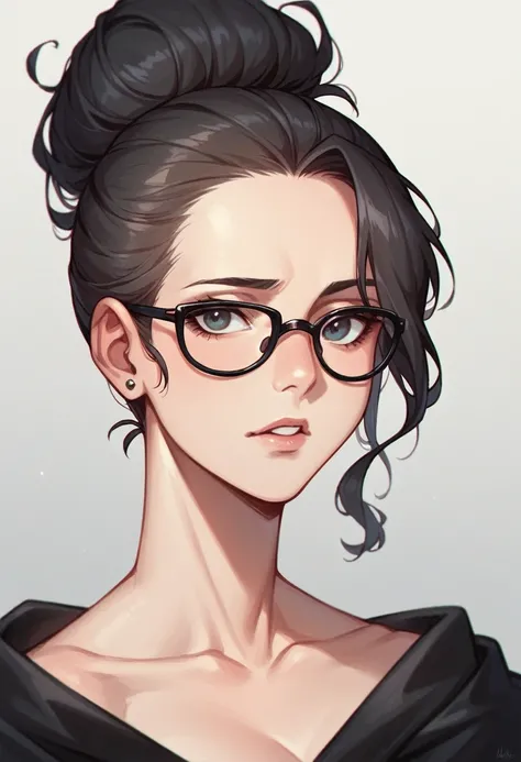 beautiful woman, king, looking at the screen, black glasses, tied hair 