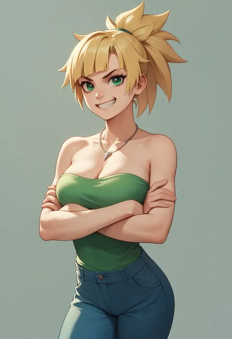 blonde girl, green top-tank, blue pants, spiky bangs, spiky ponytail, grin, crossed arms, necklace, bangs, green eyes, 3d, bare shoulders, cleavage