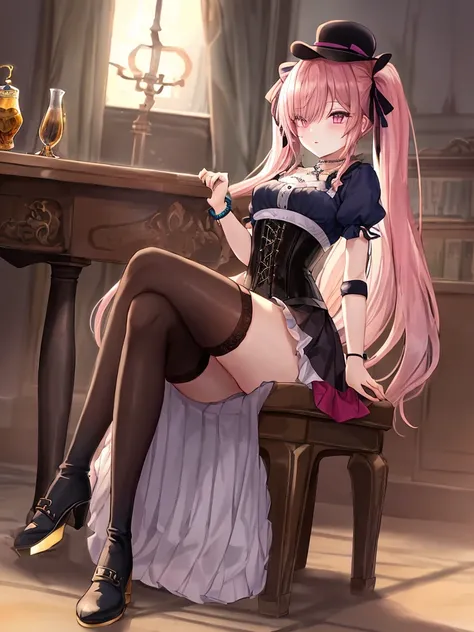 In a large mansion, in a steampunk world, in a sunset, sitting in a chair crossing her legs, nostalgic, looking at the horizon, a beautiful 18 year old woman, /(Pale white skin, extremely long pink hair combed in two pigtails and a lock over the left eye, ...