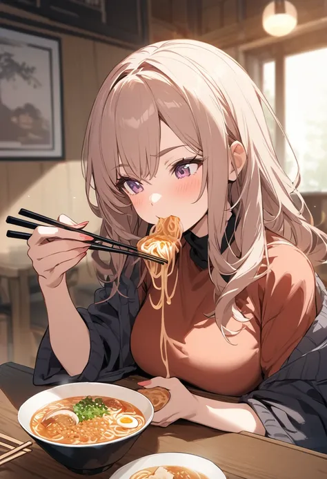 (Highest quality),Woman slurping ramen,Eat with chopsticks