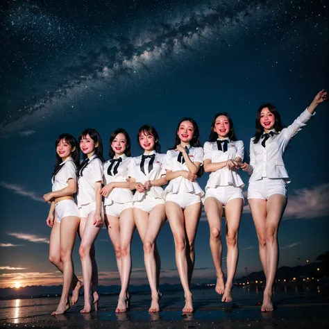  Masterpiece of ProfessionalPhoto ((ExtremelyDetailed (12 PICHIPICHI KAWAII Girls Floating in The Air in a row:1.37) in WHITE at Dusk Enoshima Beach)), {(Standing Full Body:1.2)|(from below:1.2)|Detailed KAWAII face}, Different types of hair colors, {(skin...