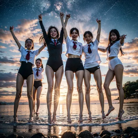  Masterpiece of ProfessionalPhoto ((ExtremelyDetailed (12 PICHIPICHI KAWAII Girls Floating in The Air in a row:1.37) in WHITE at Dusk Enoshima Beach)), {(Standing Full Body:1.2)|(from below:1.2)|Detailed KAWAII face}, Different types of hair colors, {(skin...