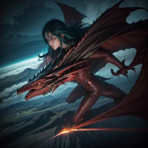 Red Dragon,flying towards woman,black volcano releasing blue gases,sunlight illuminated the clouds,volcano landscape behind the battle,woman looking at dragon flying towards her,holding a scarlet sword and his hands,anger showing on your face,long bright g...