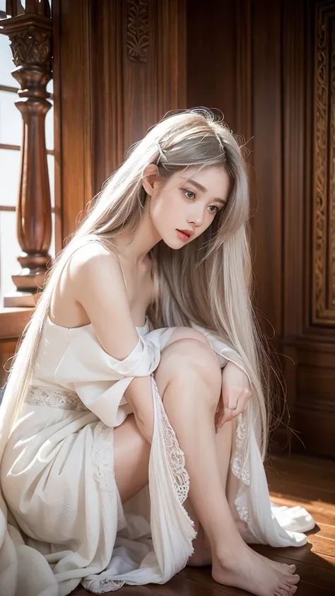 
“A highly detailed 21yo girl of an angel with a modern twist. The angel has long, flowing white hair and large, intricately carved large wings, natural medium breast,wear a white cloth. She is crouched down on a wooden ornament room, exuding a sense of ca...