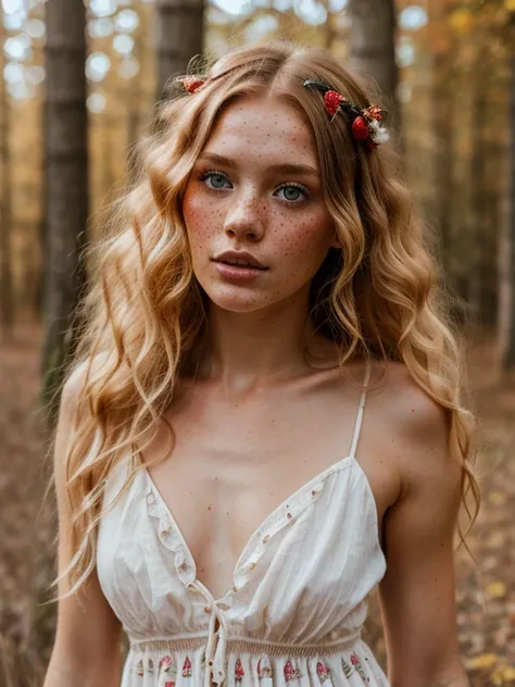 bright, strawberry blonde-haired, with freckles. the sun, the autumn forest, fantastic beauty. curls. wearing a boho summer dres...