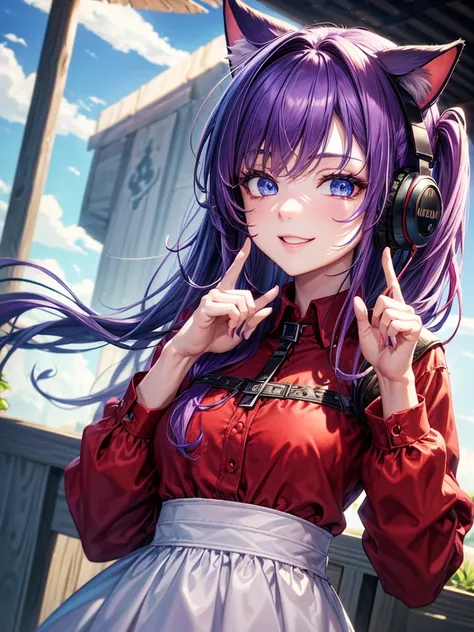 ((best quality)), ((masterpiece)), (Ultra detailed), ((4k)) , ((Eyes Details)) 

Solo , Purple Hair , Blue eyes , Cute Face , Middle Ages, Cat Ears , Cute Smile , 

Red Long Shirt , Plain Shirt , Headphone Neck , Peace Pose.