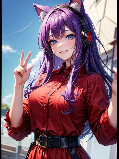 ((best quality)), ((masterpiece)), (Ultra detailed), ((4k)) , ((Eyes Details)) 

Solo , Purple Hair , Blue eyes , Cute Face , Middle Ages, Cat Ears , Cute Smile , 

Red Long Shirt , Plain Shirt , Headphone Neck , Peace Pose.