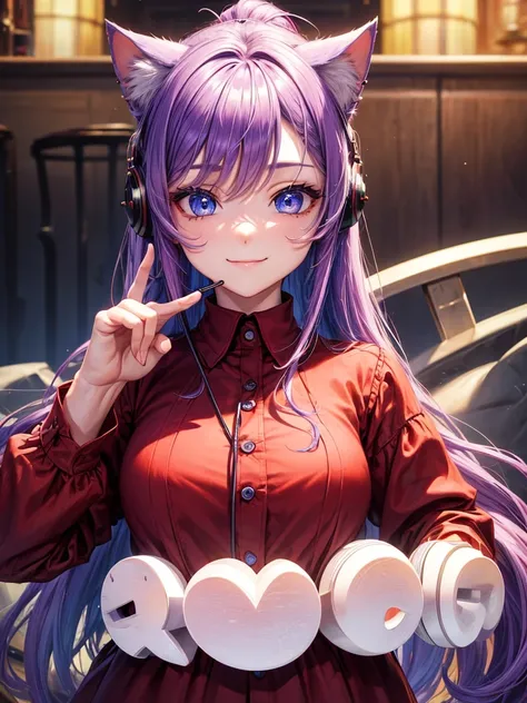 ((best quality)), ((masterpiece)), (Ultra detailed), ((4k)) , ((Eyes Details)) 

Solo , Purple Hair , Blue eyes , Cute Face , Middle Ages, Cat Ears , Cute Smile , 

Red Long Shirt , Plain Shirt , Headphone Neck , Peace Pose.