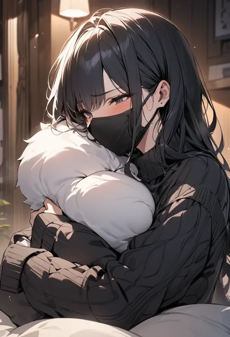 ((masterpiece)), (Highest quality), Long black hair, comftable black sweater, fluffy sweater, The G cup bust, black facemask in face, embracing, 24 years old, sweater over her hands, soft breast, breast big enough to rest on