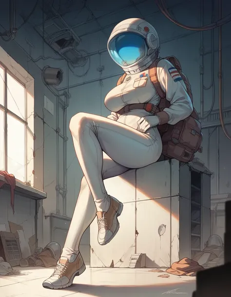 Masterpiece , best quality , Masterpiece , best quality , 1 woman , astronaut suit , wear a hat  , big breasts , abdomen , Beautiful legs , Seductive poses , shoe , full body , abandoned factory 