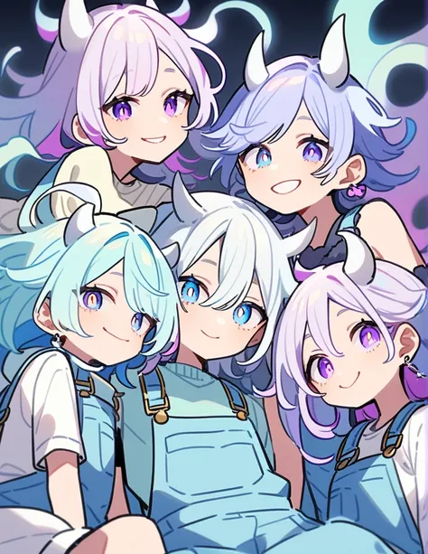 semi-long、Cold-colored hair、Overalls、On top、blue eyes, Purple eyes, Odd Eye, smile、Swirling pupils、The whites of the eyes are black、2 earrings、Horns growing、