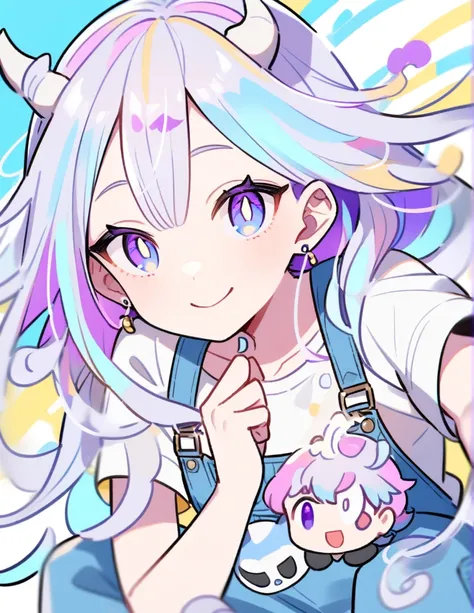 semi-long、Cold-colored hair、Overalls、On top、blue eyes, Purple eyes, Odd Eye, smile、Swirling pupils、The whites of the eyes are black、2 earrings、Horns growing、