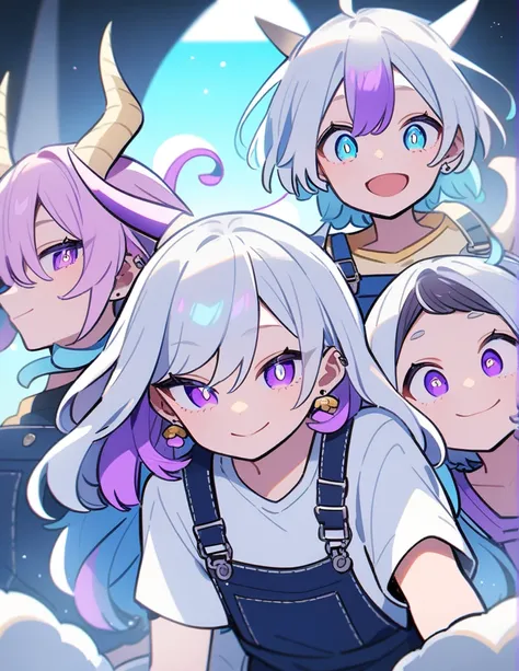 semi-long、Cold-colored hair、Overalls、On top、blue eyes, Purple eyes, Odd Eye, smile、Swirling pupils、The whites of the eyes are black、2 earrings、Horns growing、