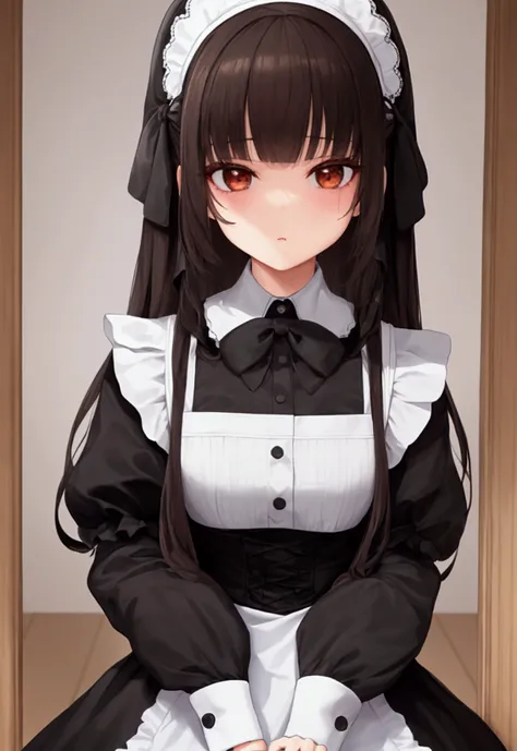 masterpiece, Highest quality, Absurd, Super detailed,One girl, Black Hair,semi-long,Maid clothes,152 cm,cute,Brown eyes,coffee