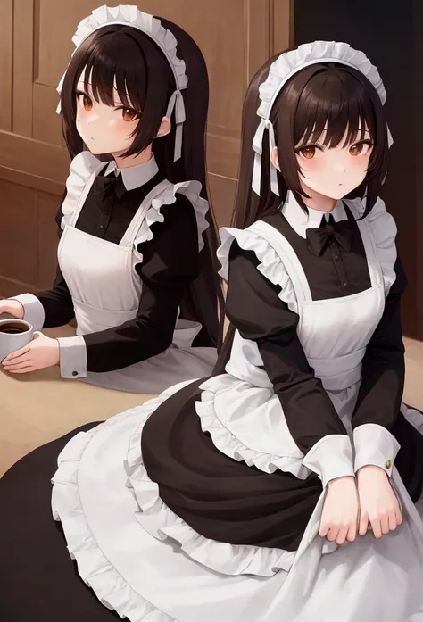 masterpiece, Highest quality, Absurd, Super detailed,One girl, Black Hair,semi-long,Maid clothes,152 cm,cute,Brown eyes,coffee