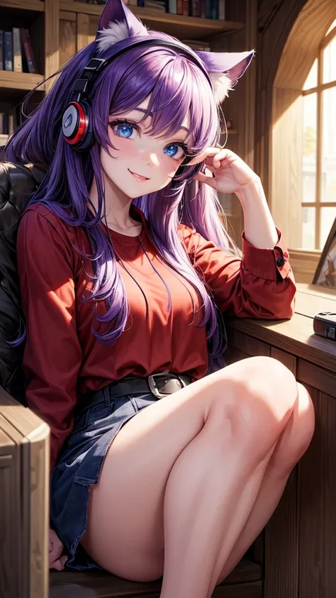 ((best quality)), ((masterpiece)), (Ultra detailed), ((4k)) , ((Eyes Details)) 

Solo , Purple Hair , Blue eyes , Cute Face , Middle Ages, Cat Ears , Cute Smile , 

Red Long Shirt , Plain Shirt , Headphone Neck , Cute Pose