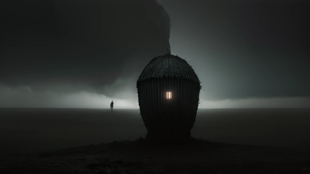 realistic image taken from a dark nightmare of fear that reflects loneliness, sadness, melancholy, that is dark with a dark sky, horizontally in the Zdzisław Beksiński style