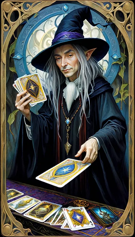 Tarot Cards, magician, ((Text on the card: "magician"))artwork：Brian Froud、Carne Griffith、Vadim Kashin, Intricate details, Oil
