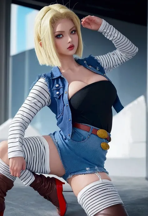 Beautiful and sensual Android18 in blue and white gothic warrior. superandroid18, black shirt with striped sleeves, denim jacket, denim shorts, denim skirt, black stockings, brown boots, mid riff, white gloves, long blonde hair, ,ruanyi0788,garter belt,gar...