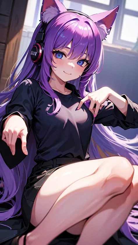 ((best quality)), ((masterpiece)), (Ultra detailed), ((4k)) , ((Eyes Details)) 

Solo , Purple Hair , Blue eyes , Cute Face , Middle Ages, Cat Ears , Cute Smile , 

Red Long Shirt , Plain Shirt , Headphone Neck , Cute Pose