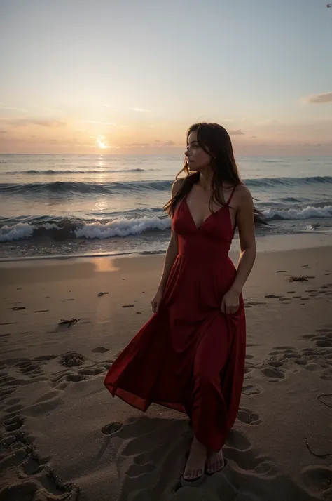 beautiful women in the red dress on the beach in sunset