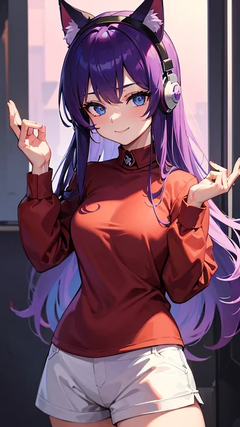 ((best quality)), ((masterpiece)), (Ultra detailed), ((4k)) , ((Eyes Details)) 

Solo , Purple Hair , Blue eyes , Cute Face , Middle Ages, Cat Ears , Cute Smile , 

Red Long Shirt , Plain Shirt , Headphone Neck , Cute Pose