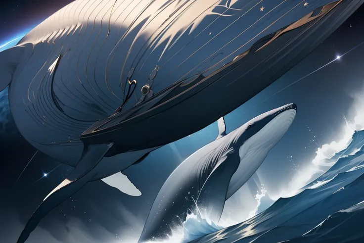 ((Masterpiece, top quality, high resolution)), ((highly detailed CG unified 8K wallpaper)), A huge whale is swimming in space,