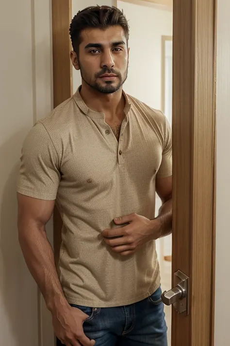 Male Character, Alpha, masculine hot Arab turky Guy, Short Beard, Sharp Jawline, Intense Eyes, Muscular Body, Standing, Photographic Image, Candid, Leaning On Door Frame, Beige Colour Color Shirt, Unbuttoned Shirt.