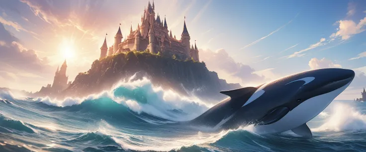 a digital paining of whale (flying over a castle: 1.3) in the middle of the sea, a giant whale an (epic killer whale: 1.3), (anatomically correct: 1.3) flying over a fantasy (castle at sea: 1.2), the castle is big with towers and turrets, its a wavy sea, i...