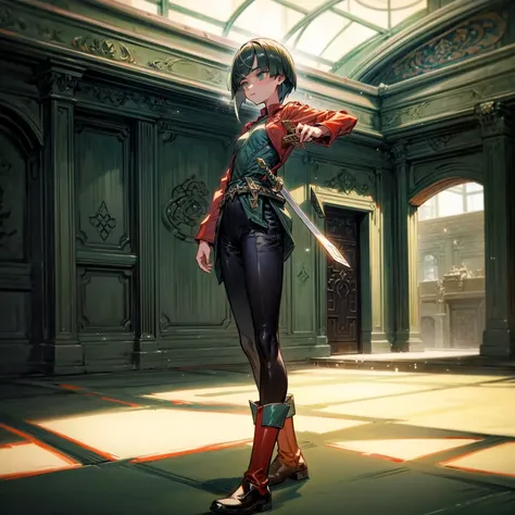 1girl, Full body version, 1character, green eyes, short haircut, green color hair, soldier style clothing, red colour clothing, boots, Grassroots, background indoor building city, motion blur, (detective conan style art), standing gesture, sword in hand 