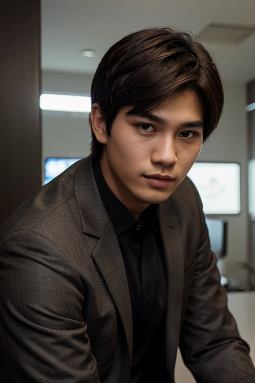 A realistic portrait of a 19-year-old male named Nontakorn. He has short brown hair, dark brown eyes, fair skin, and wears a suit with black slacks.