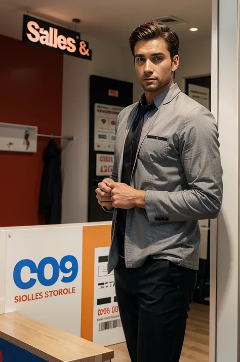 Handsome man standing in a sales place with a 90 discount sign