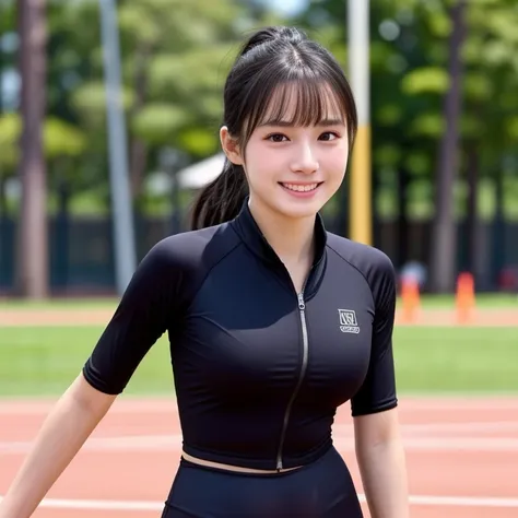 (kawaii 18 year-old Japanese girl, Nogizaka idol, Korean idol, track and field player), healthy female athlete body, (glossy black hair, high ponytail, bangs:1.2), beautiful black eyes, rounded face, single eyelid, (no makeup:1.2), (big laughing), (light p...