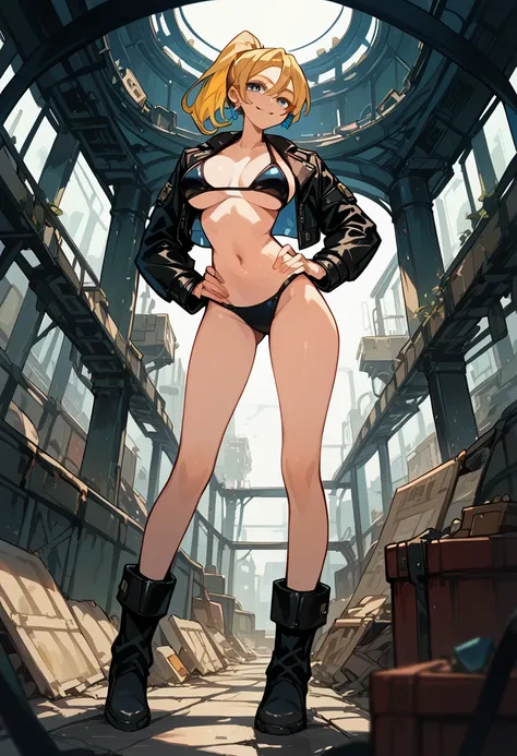 Masterpiece, best quality, Masterpiece, best quality, 1 woman , blue eyes , yellow ponytail , black leather jacket , sly face , smile , bikini , abdomen, big breasts , Long legs , boots , hands on hips , abandoned factory , at night