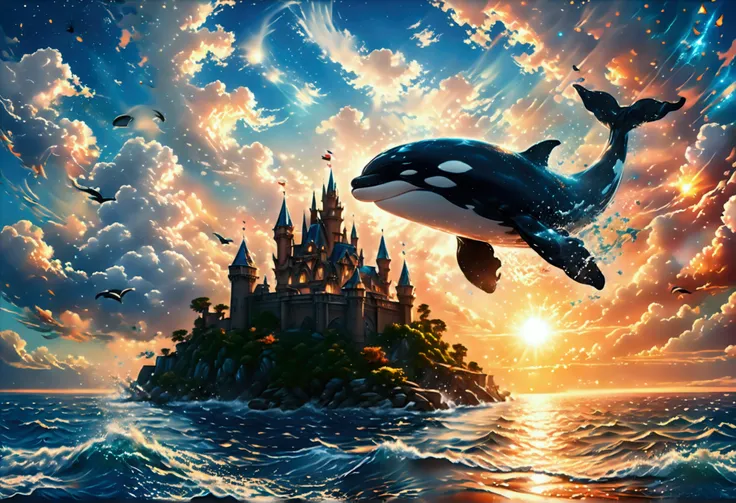 a digital paining of whale (flying over a castle: 1.3) in the middle of the sea, a giant whale an (epic killer whale: 1.3), (anatomically correct: 1.3) flying over a fantasy (castle at sea: 1.2), the castle is big with towers and turrets, its a wavy sea, i...