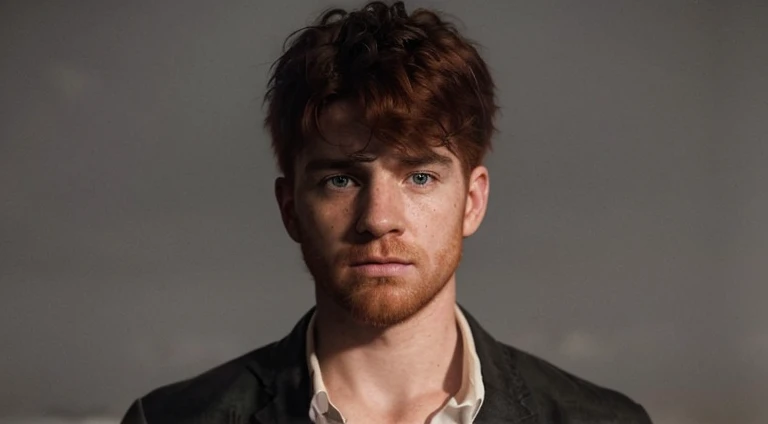 a red haired irish man, freckled face, green eyes, moody atmospheric lighting, cinematic, dramatic, hyper detailed, photorealistic, 8k, portrait, hyper realistic, unreal engine, chiaroscuro lighting, dramatic shadows, cinematic pose, strong character desig...