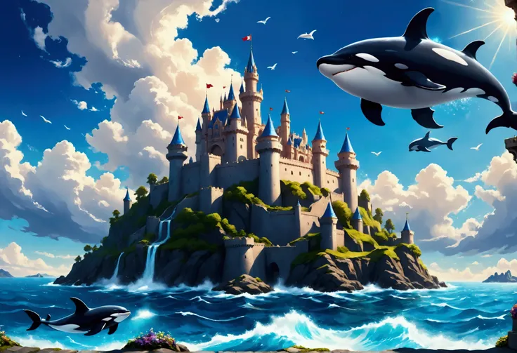 a digital paining of whale (flying over a castle: 1.3) in the middle of the sea, a giant whale an (epic killer whale: 1.3), (anatomically correct: 1.3) flying over a fantasy (castle at sea: 1.2), the castle is big with towers and turrets, its a wavy sea, i...