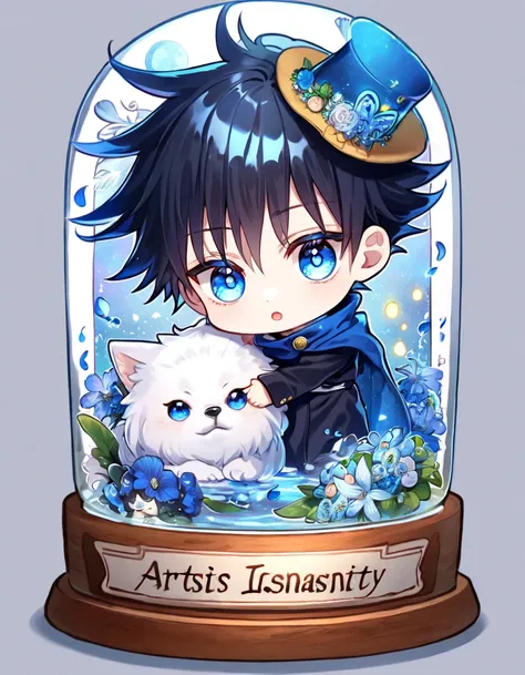 absurdres, highres, ultra detailed, HDR, master piece, Fushiguro Megumi chibi, black hair, expressive blue eyes, boy hugging a small dog, white dog, expressive blue eyes, Jujutsu Kaisen, magical hat, cute, best quality, blue moon, flowers, fantasy, magical...