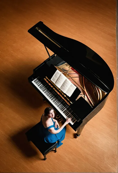 Me from an aerial view above in front of a grand piano 