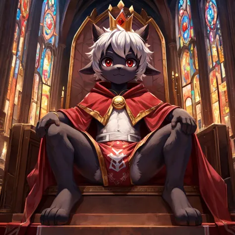 Furry shota, Lamb, "Cult of the lamb", red eyes, clear black body fur, black nose, small horns, white hair, spiky hairstyle, short hair, full body, detailed body fur, detailed body, detailed eyes, glistering body, shiny body, gorgeous body, masterpiece, fe...