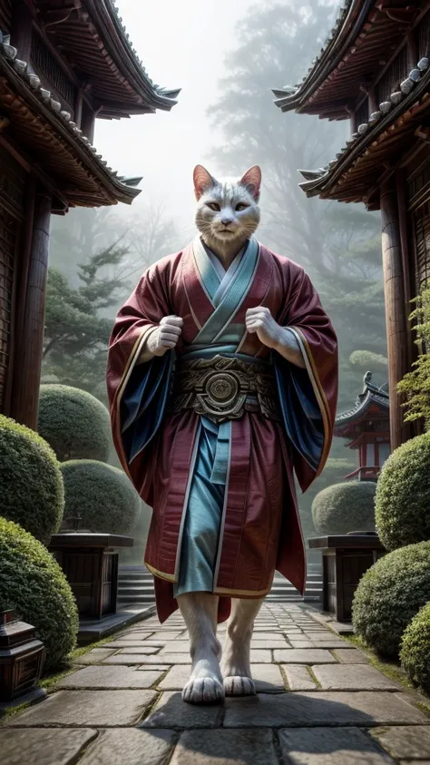 (((8k))), (((High resolution))),((Highest quality)),A white cat wearing a kimono,battle mode, yellow aura swirling around the body,fog,mystic atmosphere,muscle,Bipedal,upright,Short,3 heads,Serious face,samurai,Holding a long sword with both hands,Shrine g...