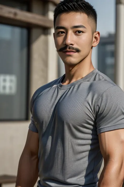 Masterpiece, best quality, high resolution, realistic, handsome, Take beautiful photos, Sayk, NRF, Photo of the 35 year old gym association (The man has a thin mustache.:1.2) Portrait, Standing on the edge of a field with grass , make military media, weigh...