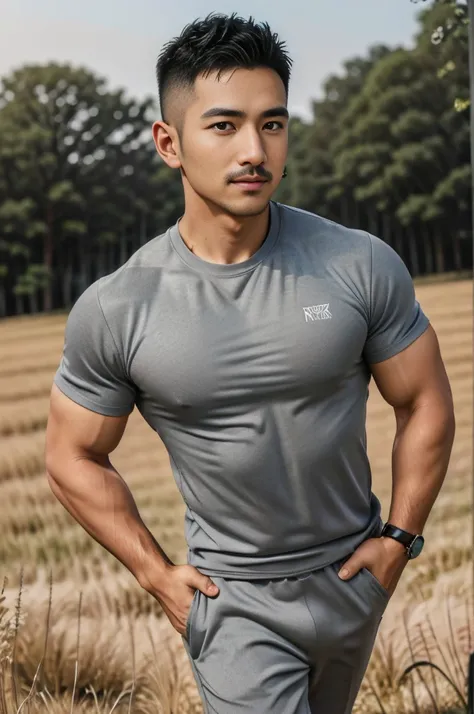 Masterpiece, best quality, high resolution, realistic, handsome, Take beautiful photos, Sayk, NRF, Photo of the 35 year old gym association (The man has a thin mustache.:1.2) Portrait, Standing on the edge of a field with grass , make military media, weigh...